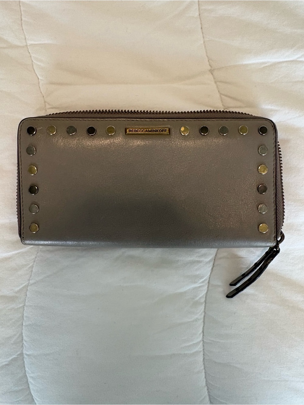 Rebecca Minkoff Metallic Gray Zip-Around Wallet with Studs
